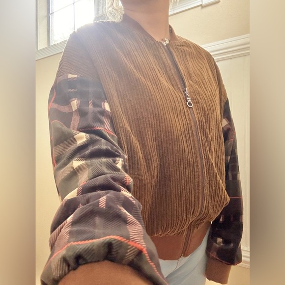 Brown Corduroy Jacket with Plaid Sleeves - Picture 9 of 9